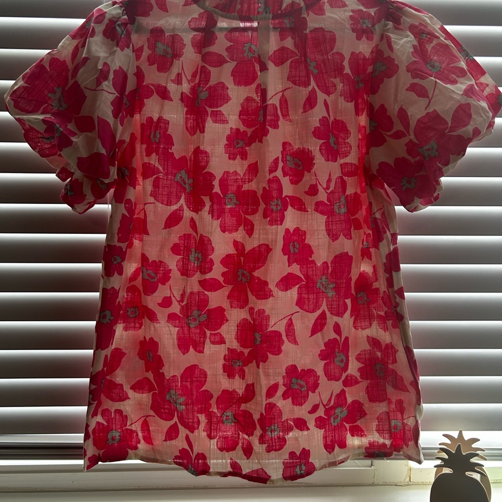 SHEIN Red and Pink Flutter Sleeve Blouse with Peter Pan Collar